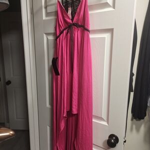 bebe Hot Pink High-Low V-Neck Maxi Dress with Black Waist Tie